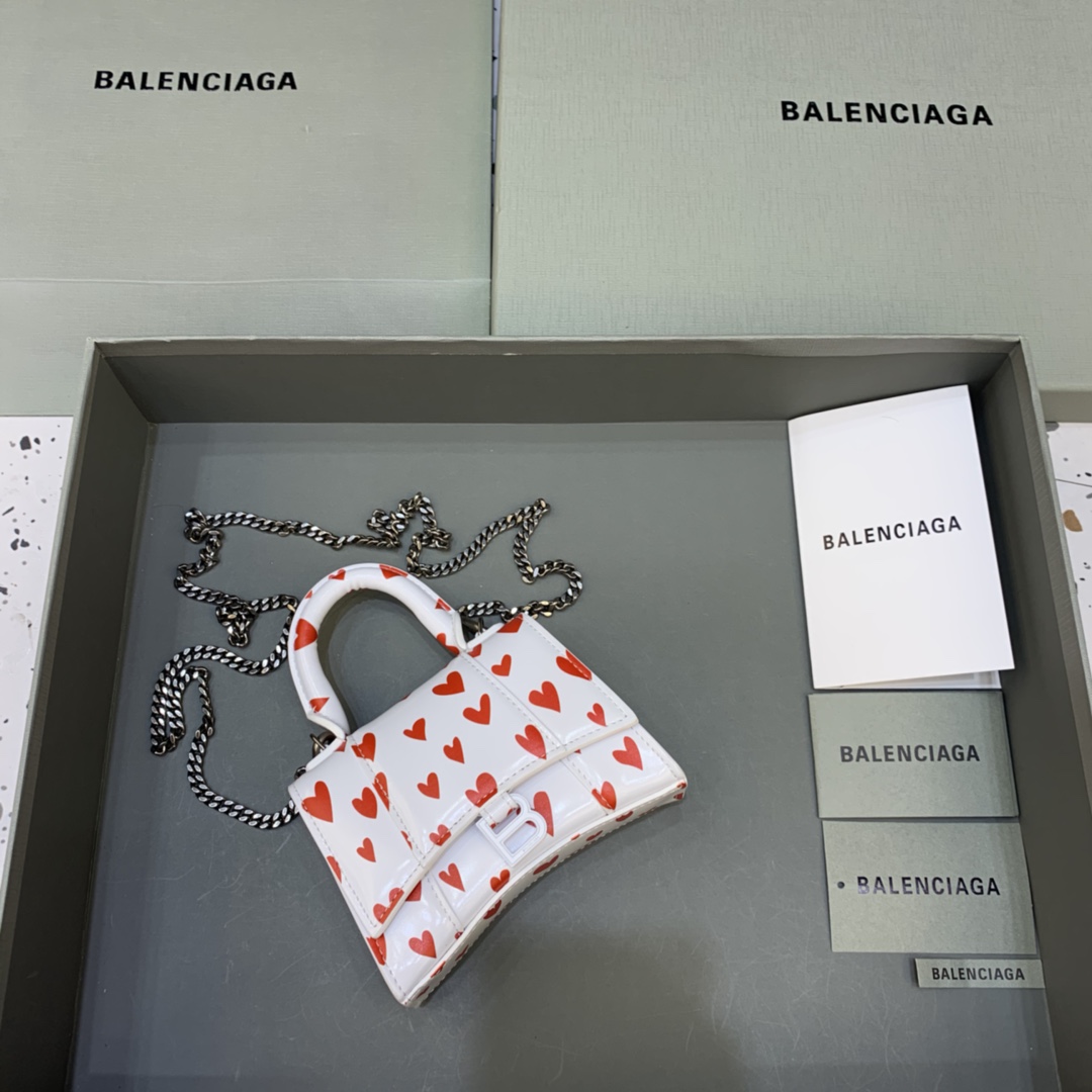 Balenciaga Hourglass Mini Handbag With Chain Calfskin Shoulder Bag White